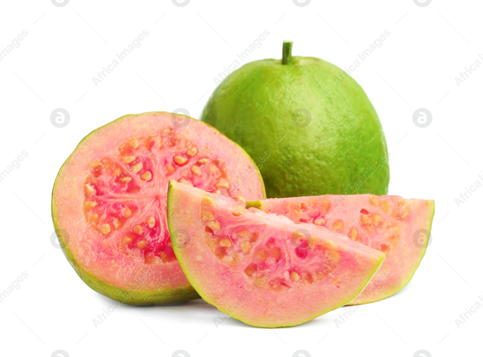 Photo of Fresh whole and cut guava fruits isolated on white