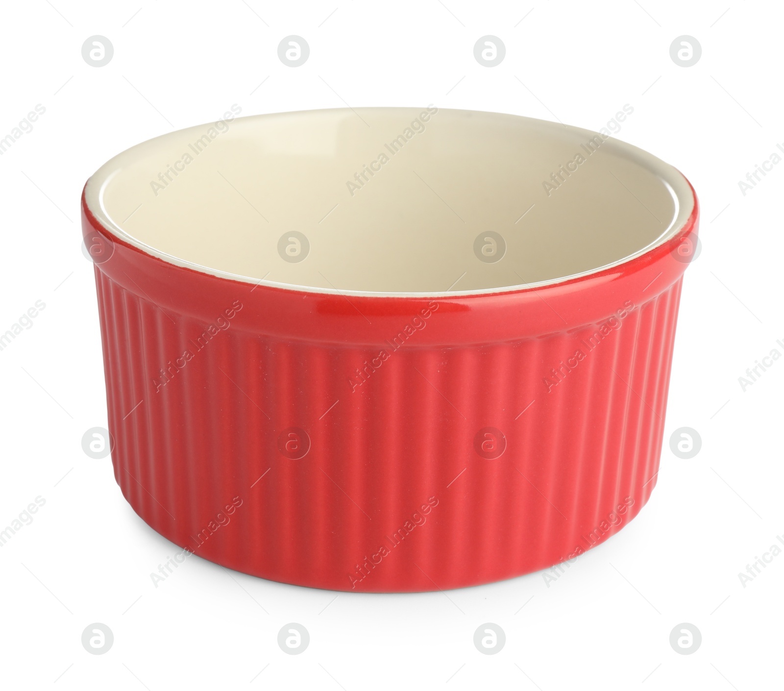 Photo of One ceramic casserole isolated on white. Cooking utensil