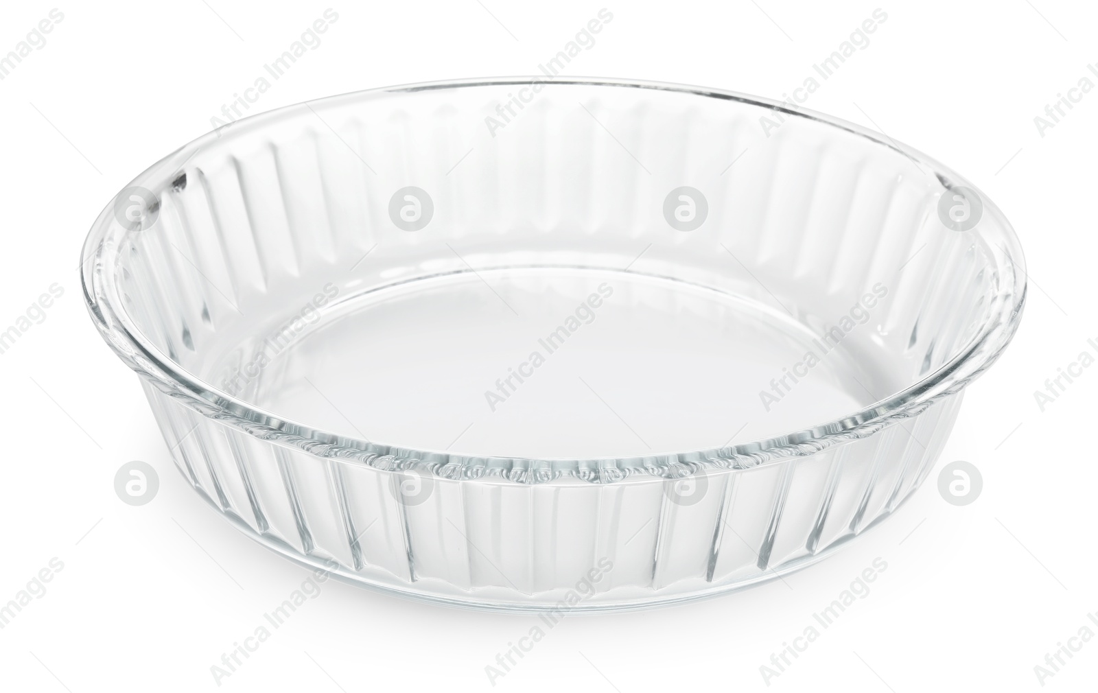 Photo of One glass casserole isolated on white. Cooking utensil