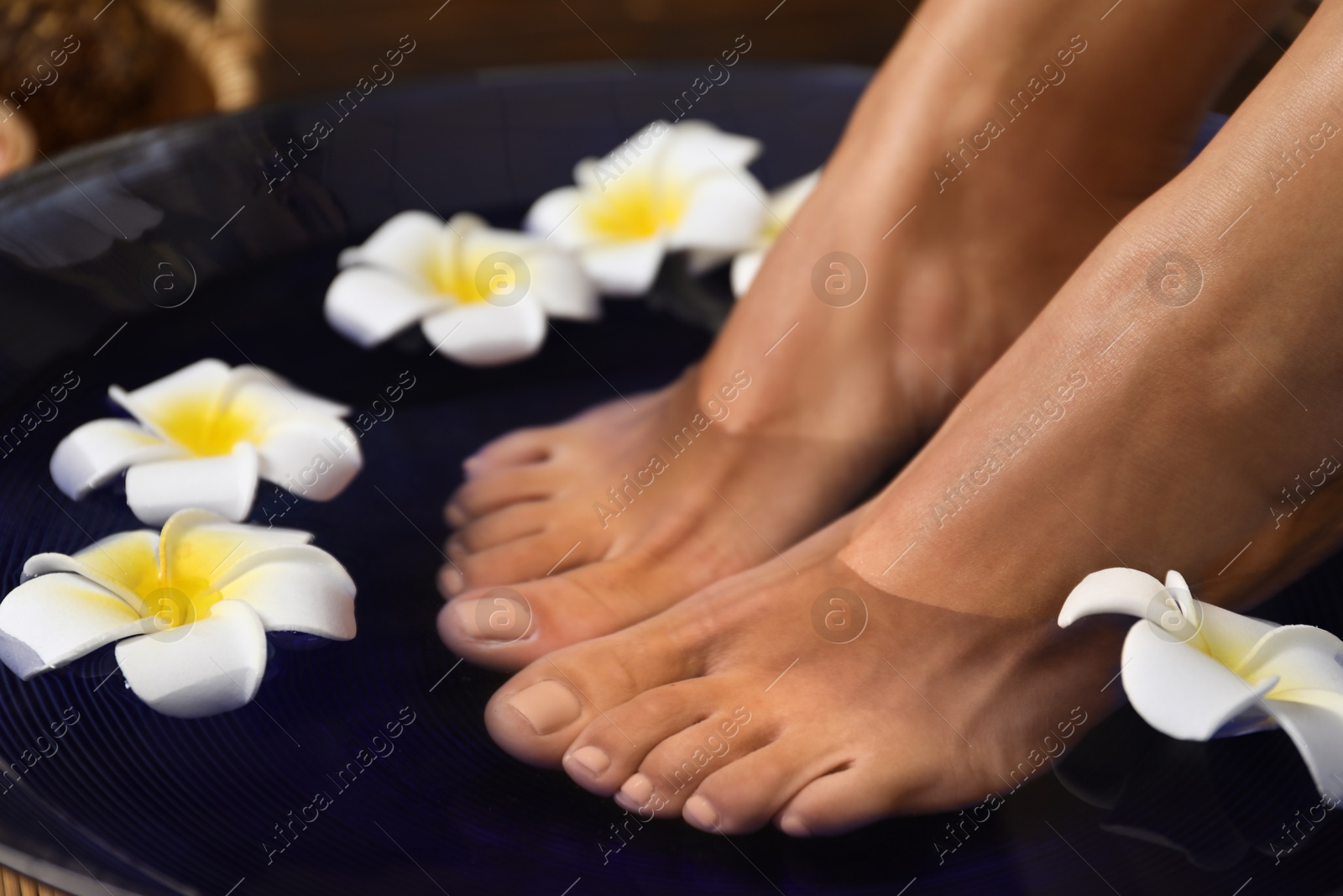 Photo of Woman soaking her feet in bowl with water and plumeria flowers on floor, closeup. Spa treatment