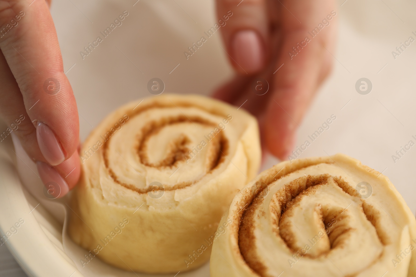 Photo of Woman putting cinnamon roll into baking dish, closeup