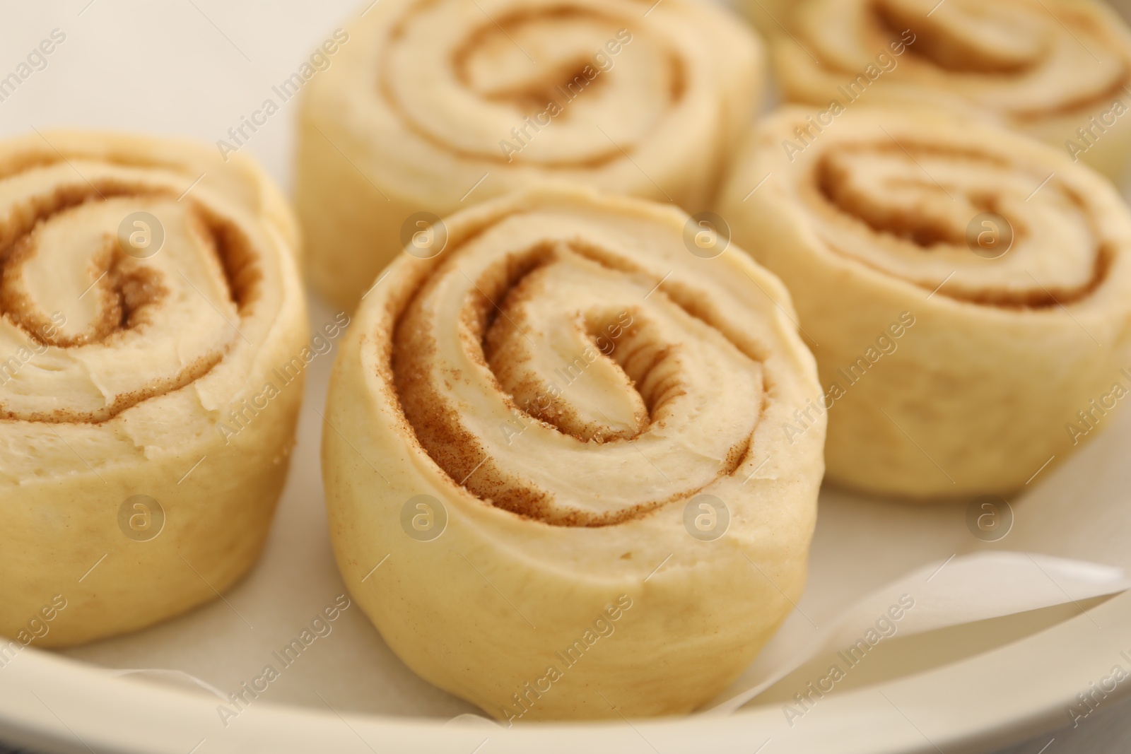 Photo of Many uncooked cinnamon rolls in baking dish, closeup