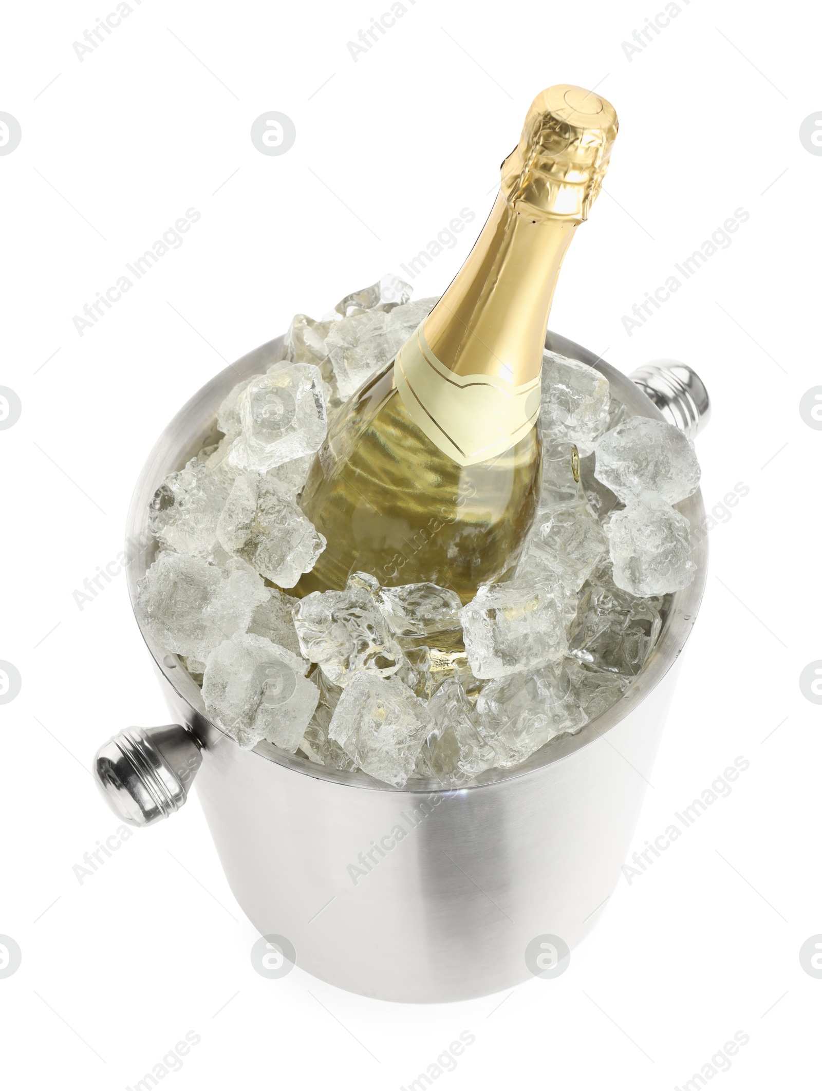 Photo of Bottle of champagne in ice bucket isolated on white