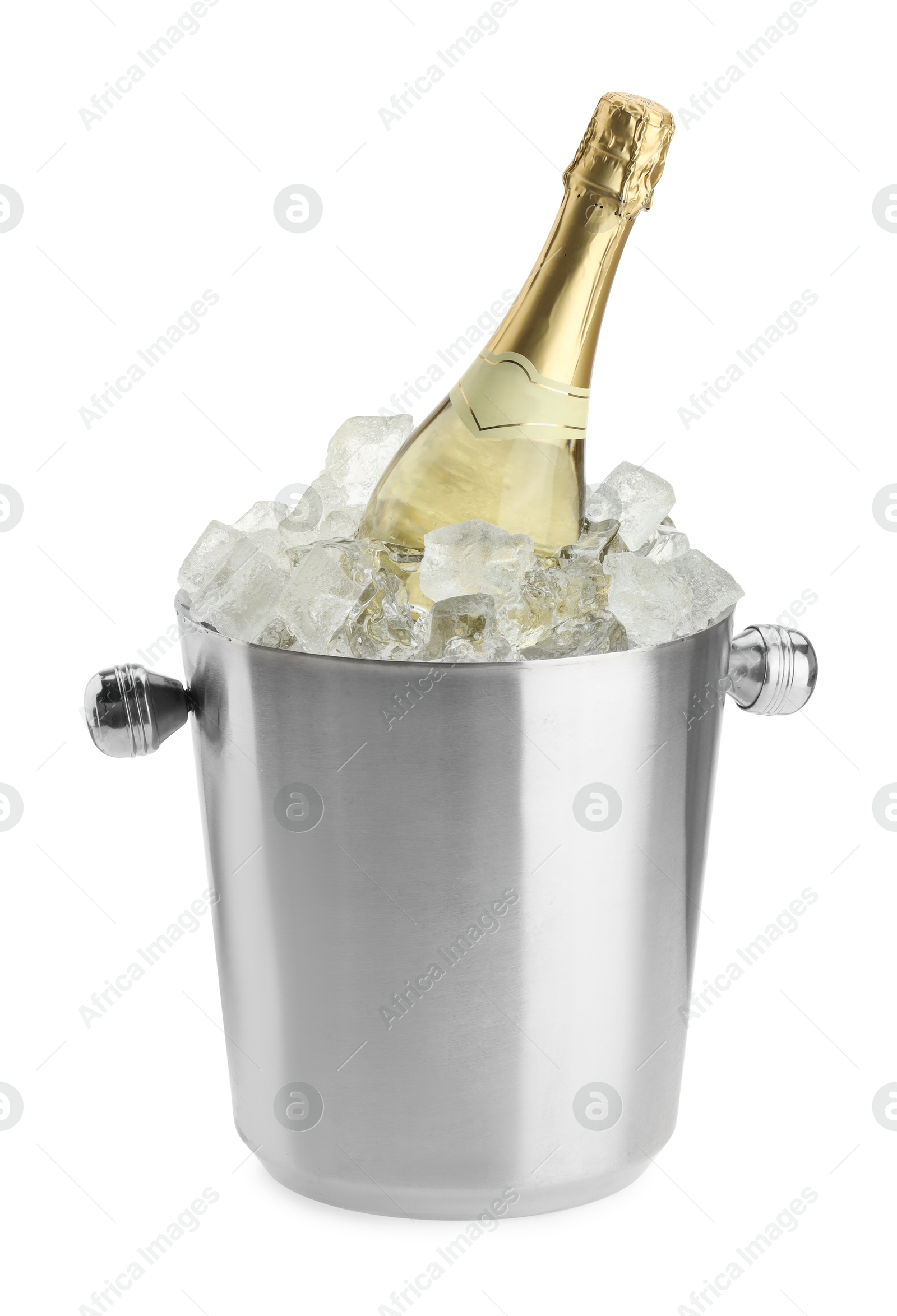 Photo of Bottle of champagne in ice bucket isolated on white