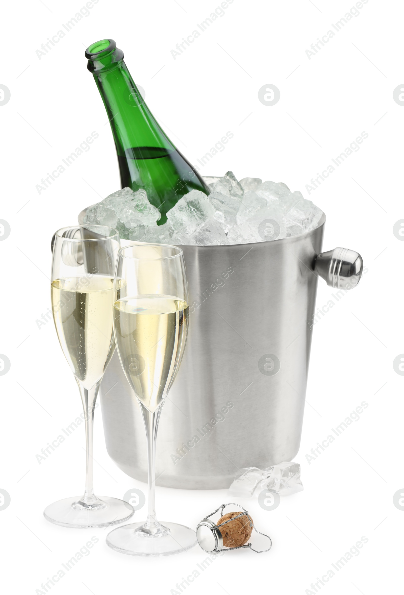 Photo of Champagne in glasses and ice bucket with open bottle isolated on white