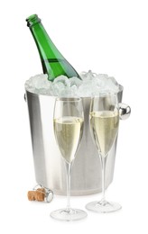 Photo of Champagne in glasses and ice bucket with open bottle isolated on white