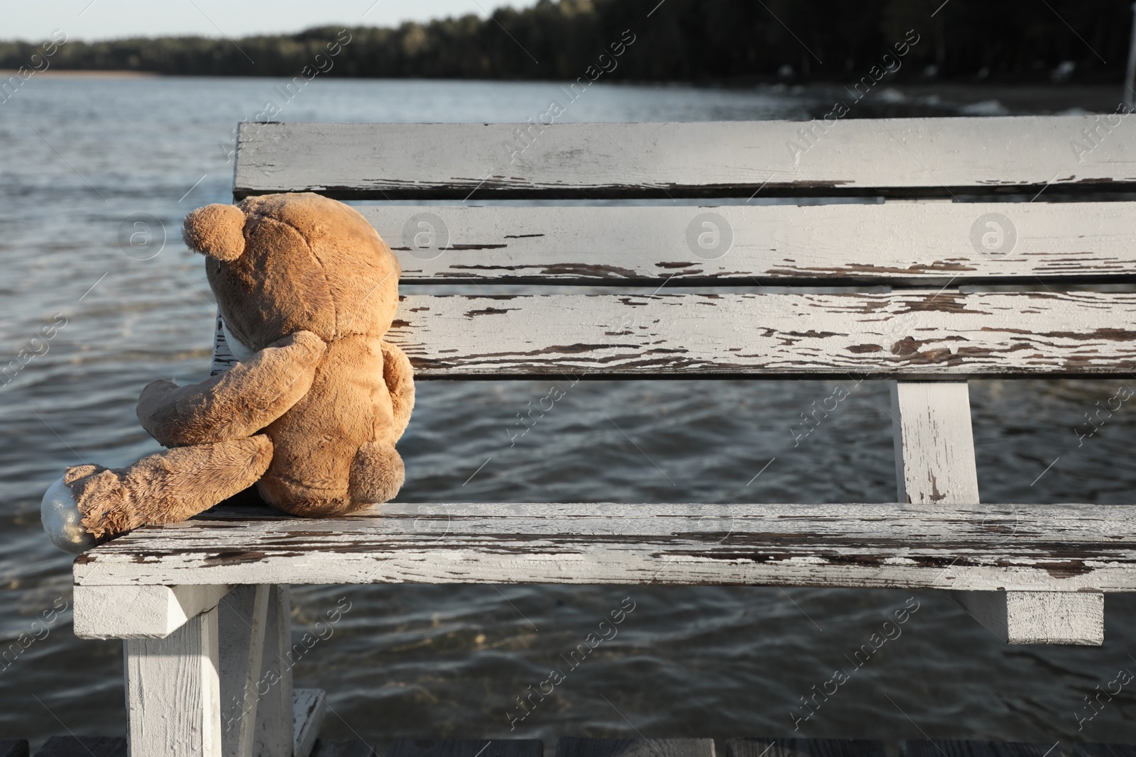 Photo of Lonely teddy bear on bench near river