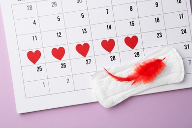 Photo of Calendar with marked dates and menstrual pad with feather on lilac background, top view