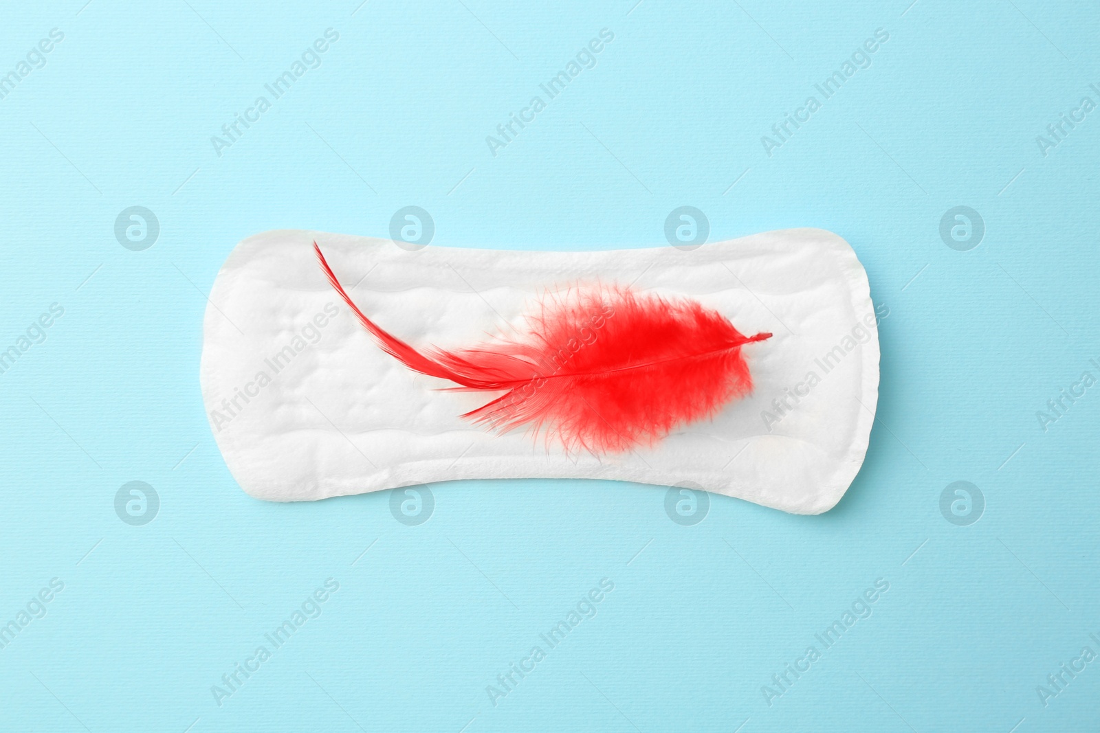 Photo of Menstrual pad with red feather on light blue background, top view