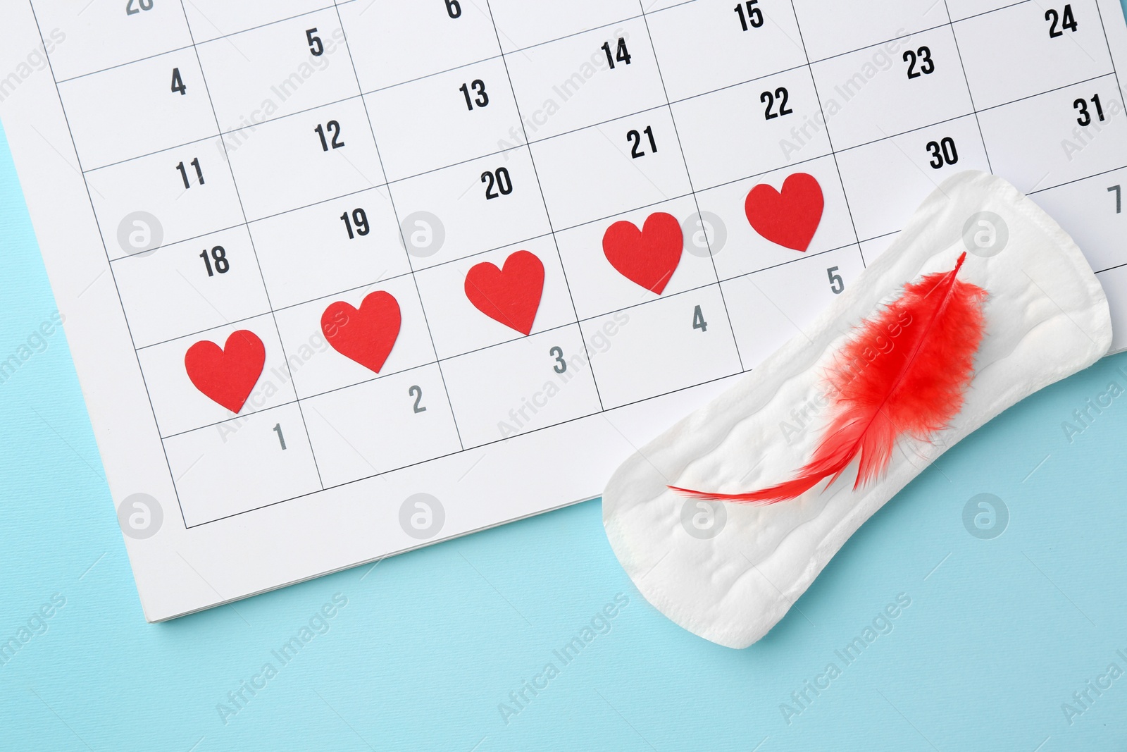 Photo of Calendar with marked dates and menstrual pad with feather on light blue background, top view