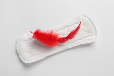 Photo of Menstrual pad with red feather on white background, top view