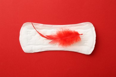 Photo of Menstrual pad with feather on red background, top view