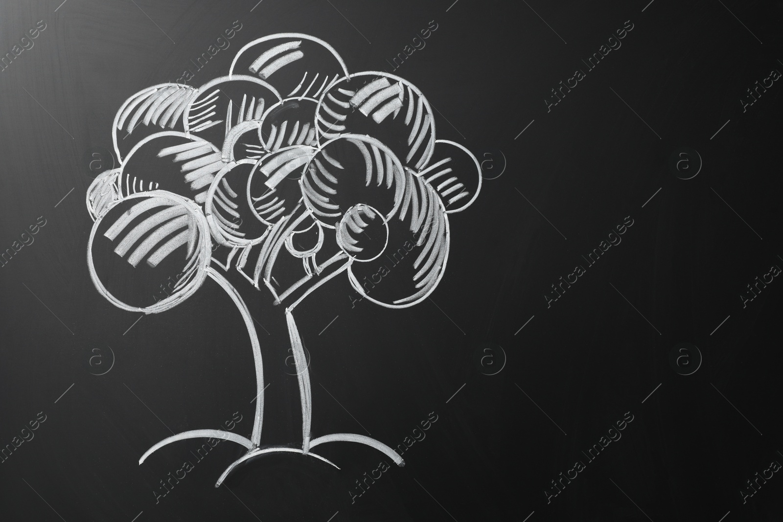 Photo of Beautiful drawing of tree on black chalkboard. Space for text