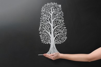 Photo of Woman pretending to hold tree drawn on chalkboard, closeup