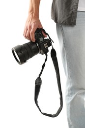 Photo of Photographer with professional camera on white background, closeup