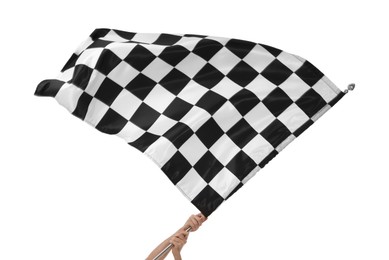 Photo of Woman with checkered flag on white background, closeup