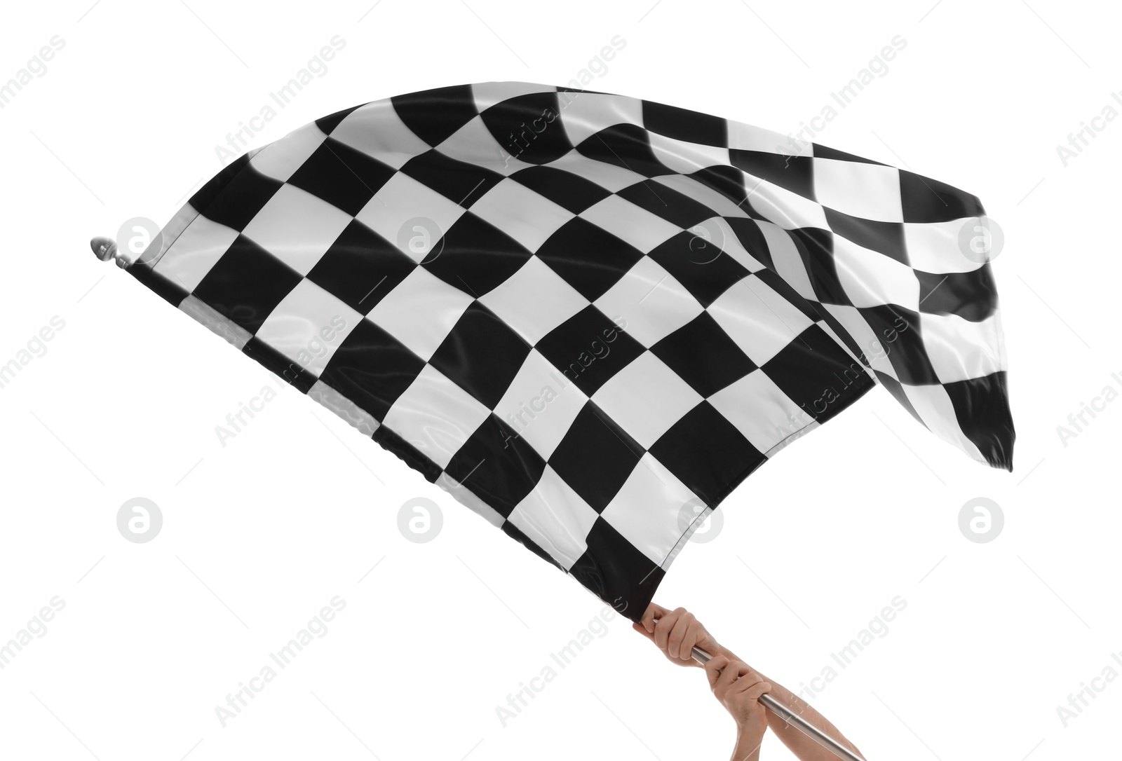 Photo of Woman with checkered flag on white background, closeup