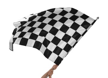 Photo of Woman with checkered flag on white background, closeup