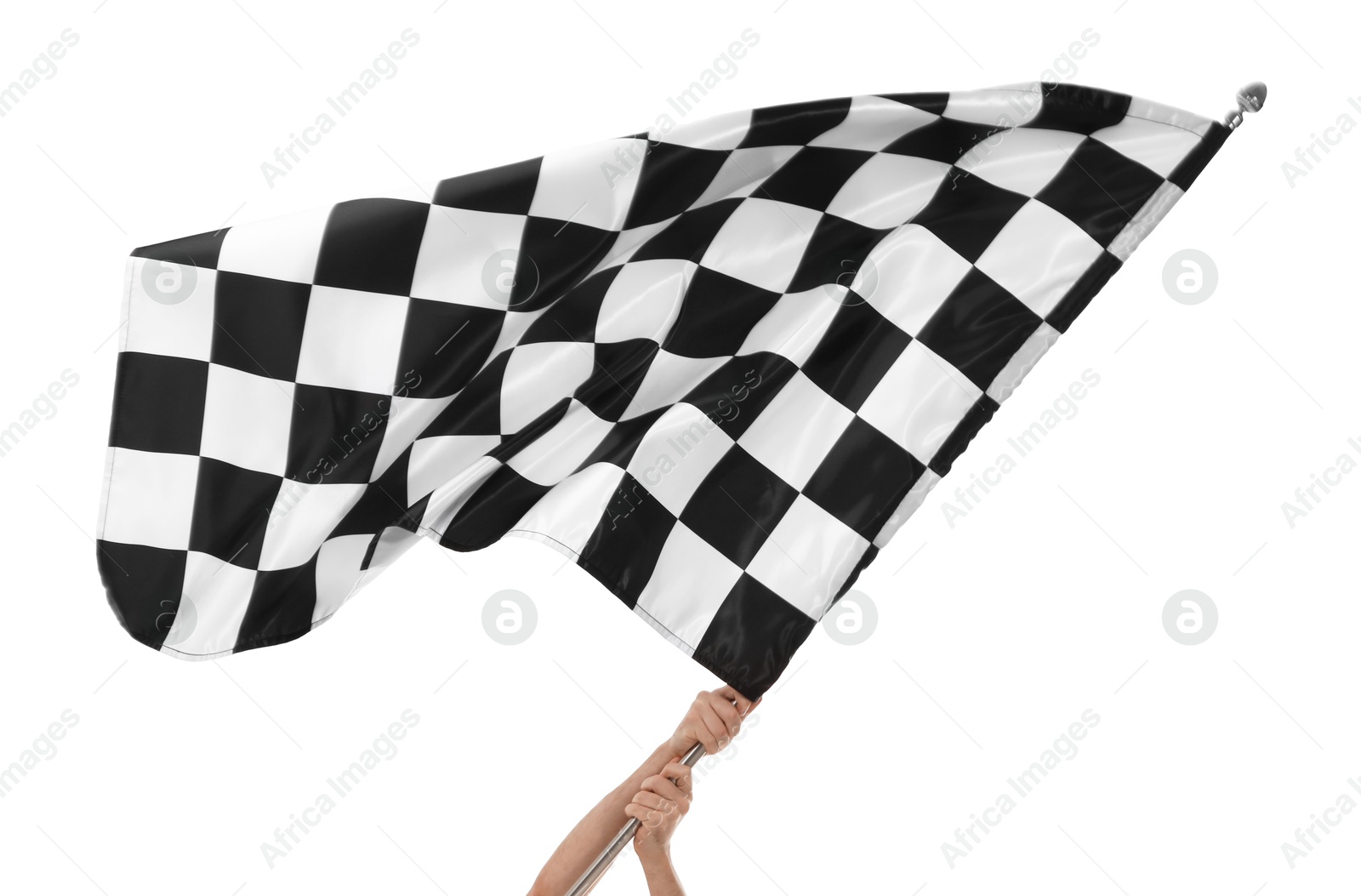 Photo of Woman with checkered flag on white background, closeup