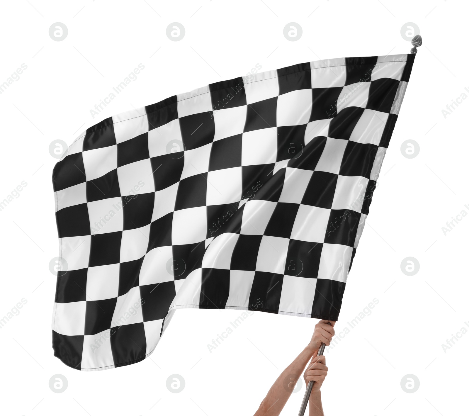 Photo of Woman with checkered flag on white background, closeup