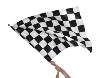 Photo of Woman with checkered flag on white background, closeup