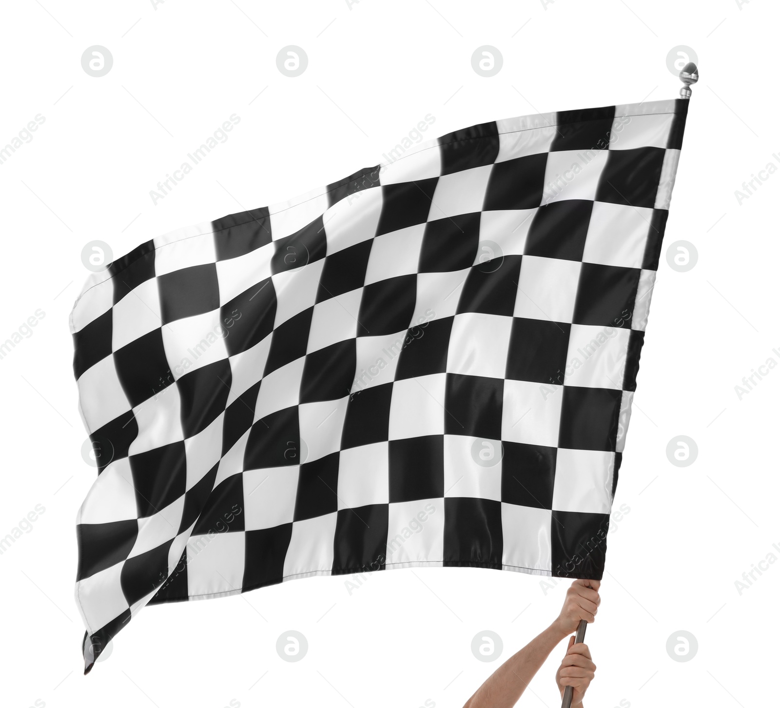 Photo of Woman with checkered flag on white background, closeup