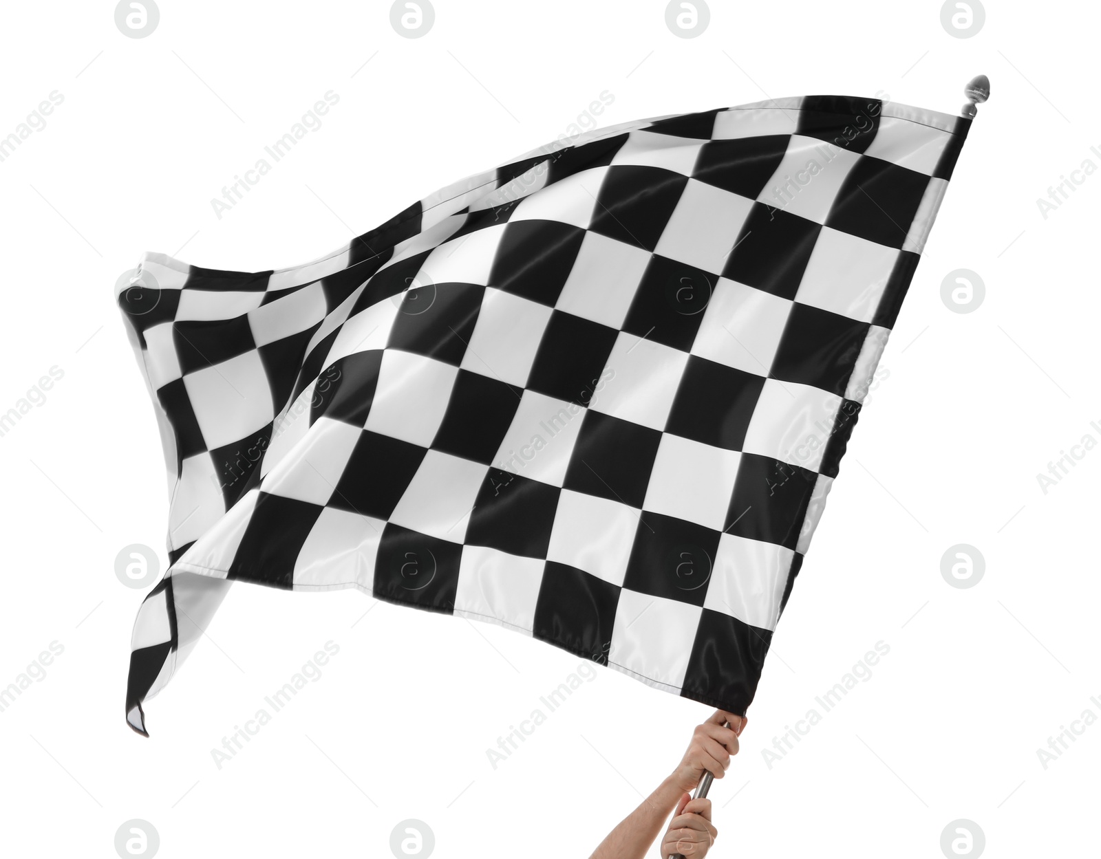 Photo of Woman with checkered flag on white background, closeup