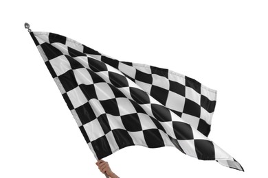 Photo of Woman with checkered flag on white background, closeup