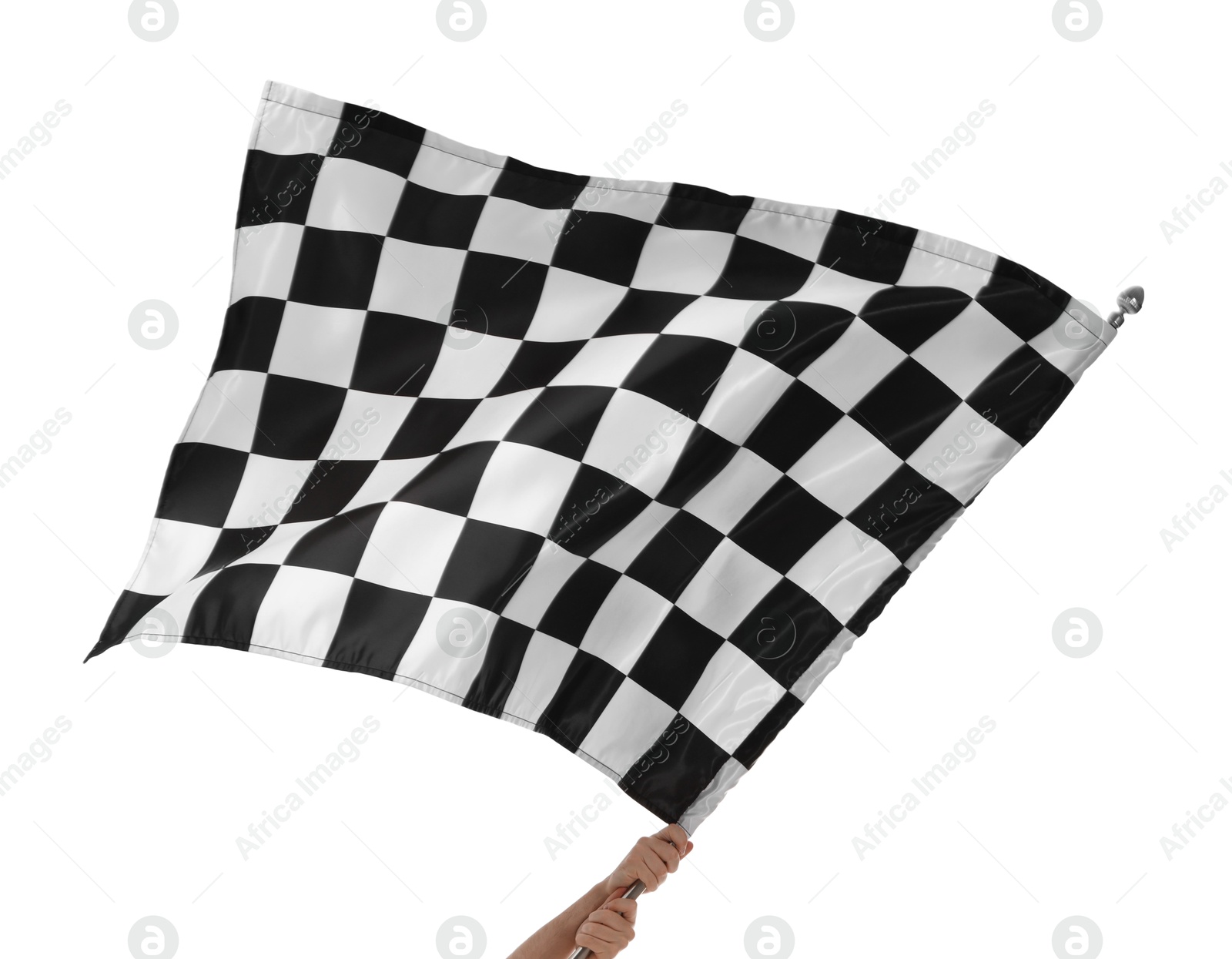 Photo of Woman with checkered flag on white background, closeup