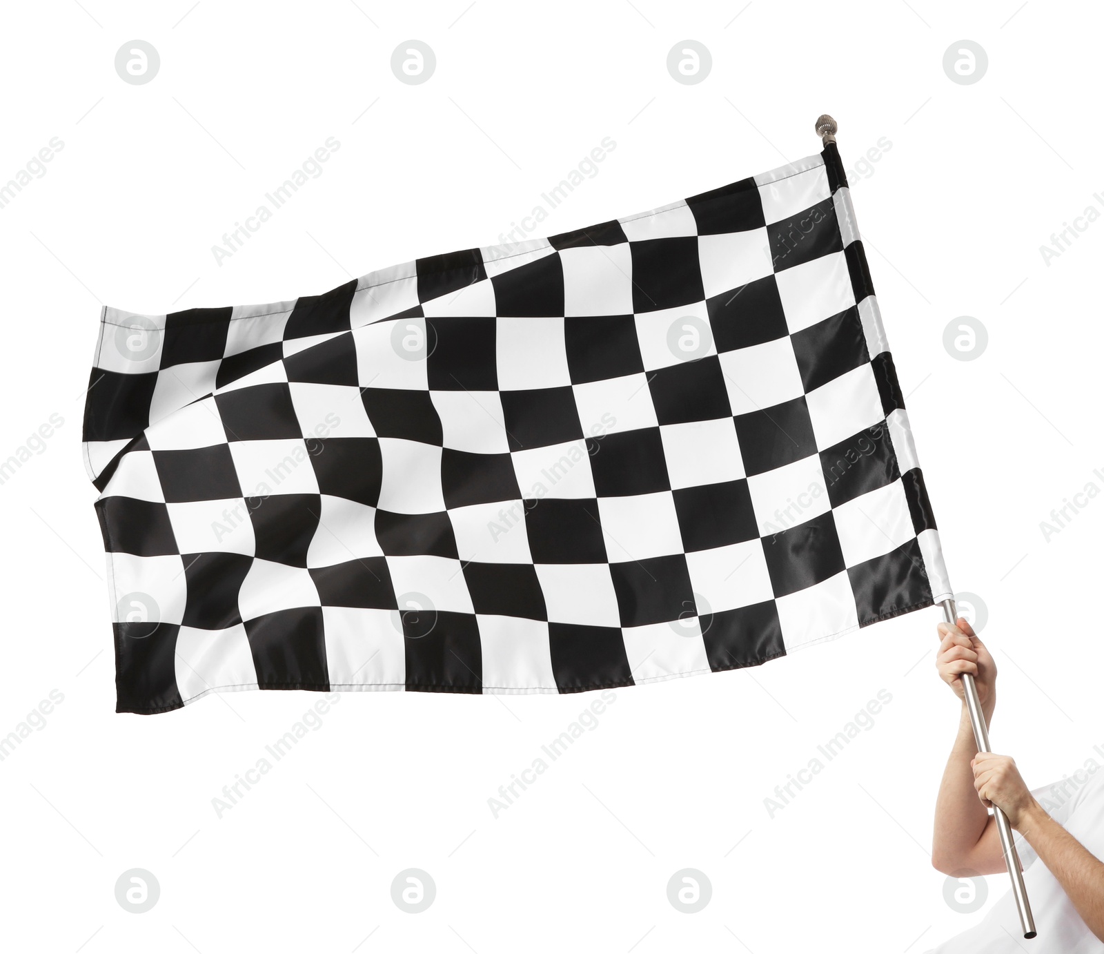 Photo of Woman with checkered flag on white background, closeup