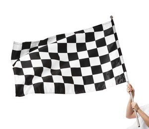 Photo of Woman with checkered flag on white background, closeup