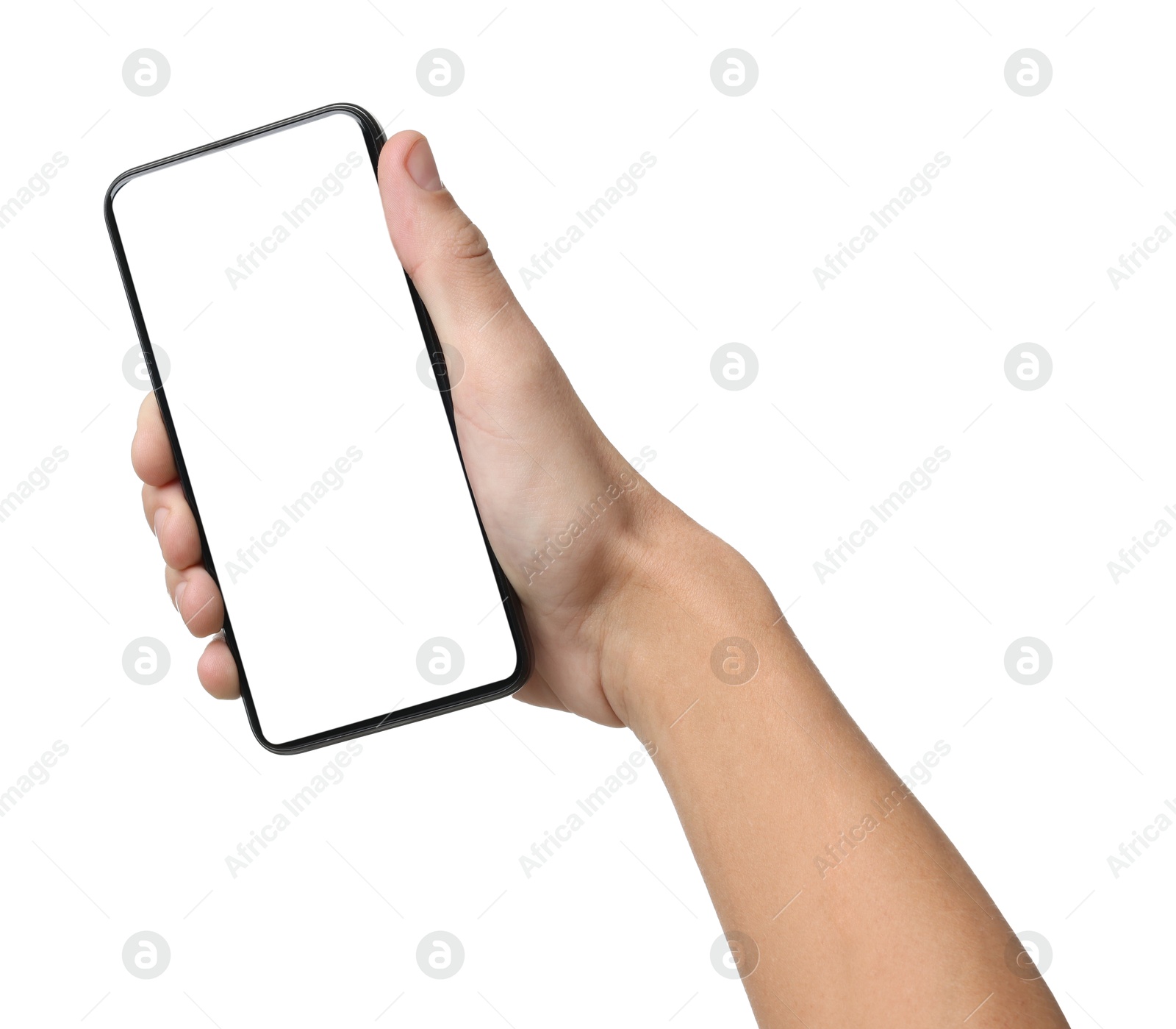 Photo of Man with modern smartphone on white background, closeup