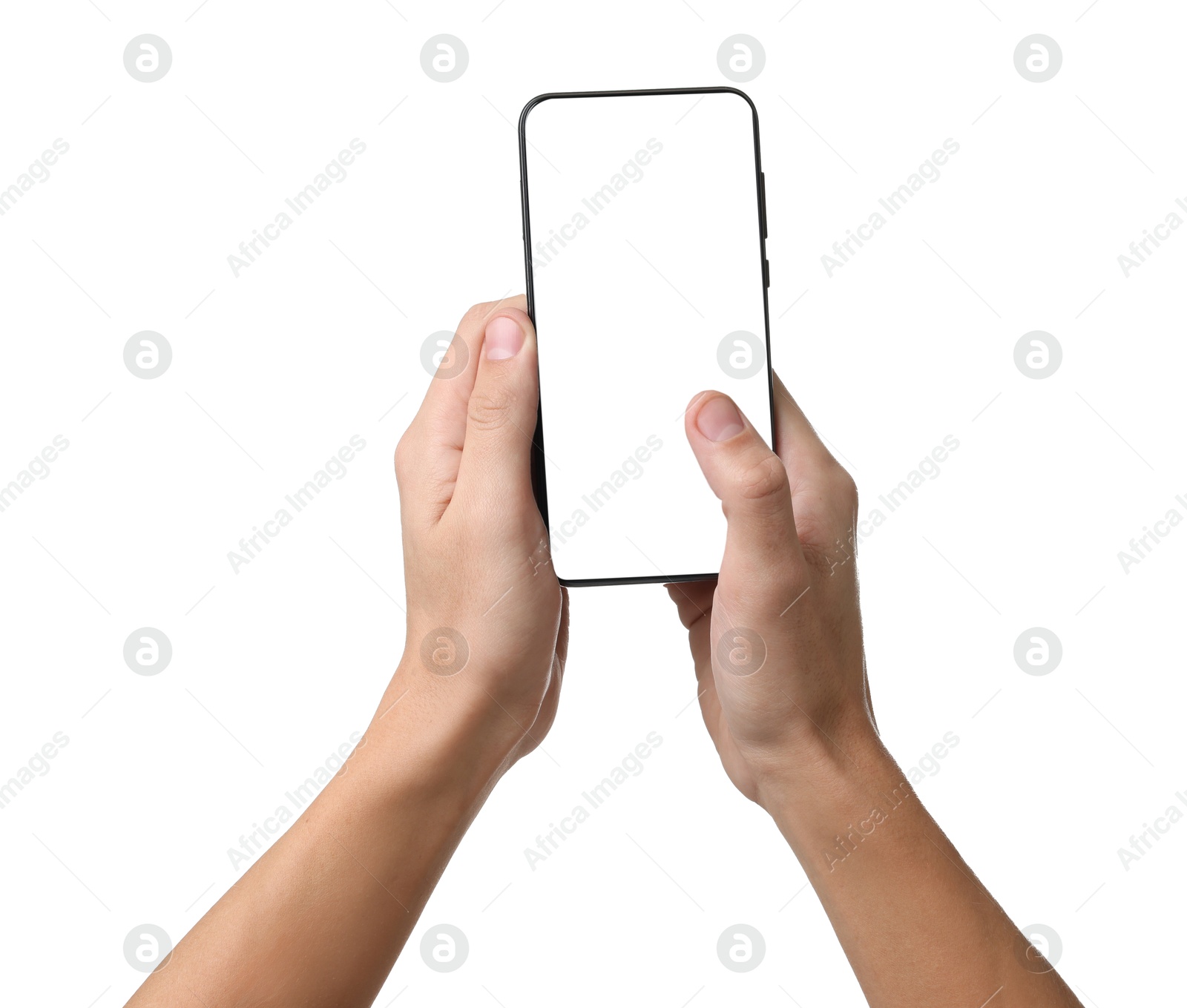 Photo of Man with modern smartphone on white background, closeup