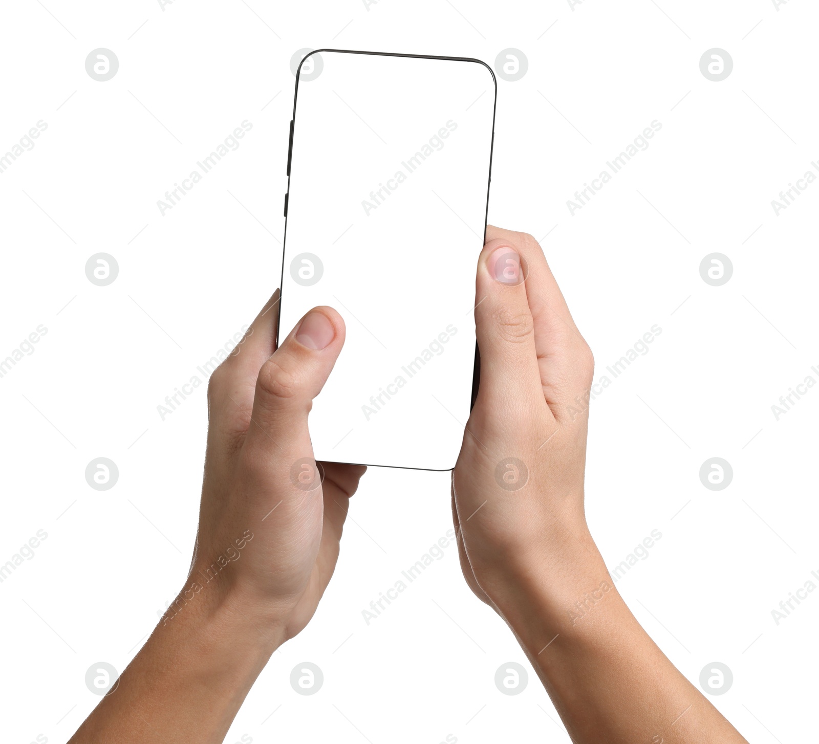 Photo of Man with modern smartphone on white background, closeup