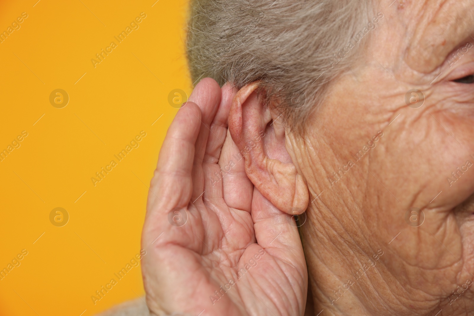 Photo of Senior woman showing hand to ear gesture on dark yellow background, closeup. Space for text