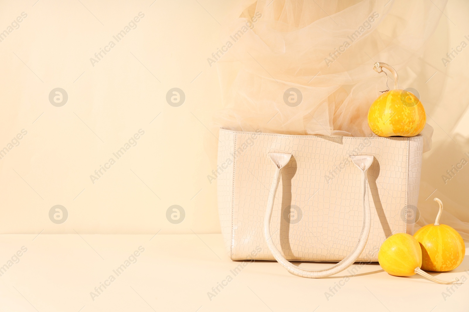 Photo of Bag, fabric, pumpkins and dry flowers on beige background, space for text