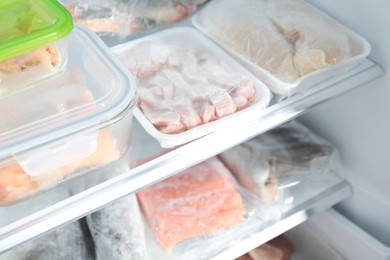 Photo of Different frozen meat and fish products in fridge, closeup