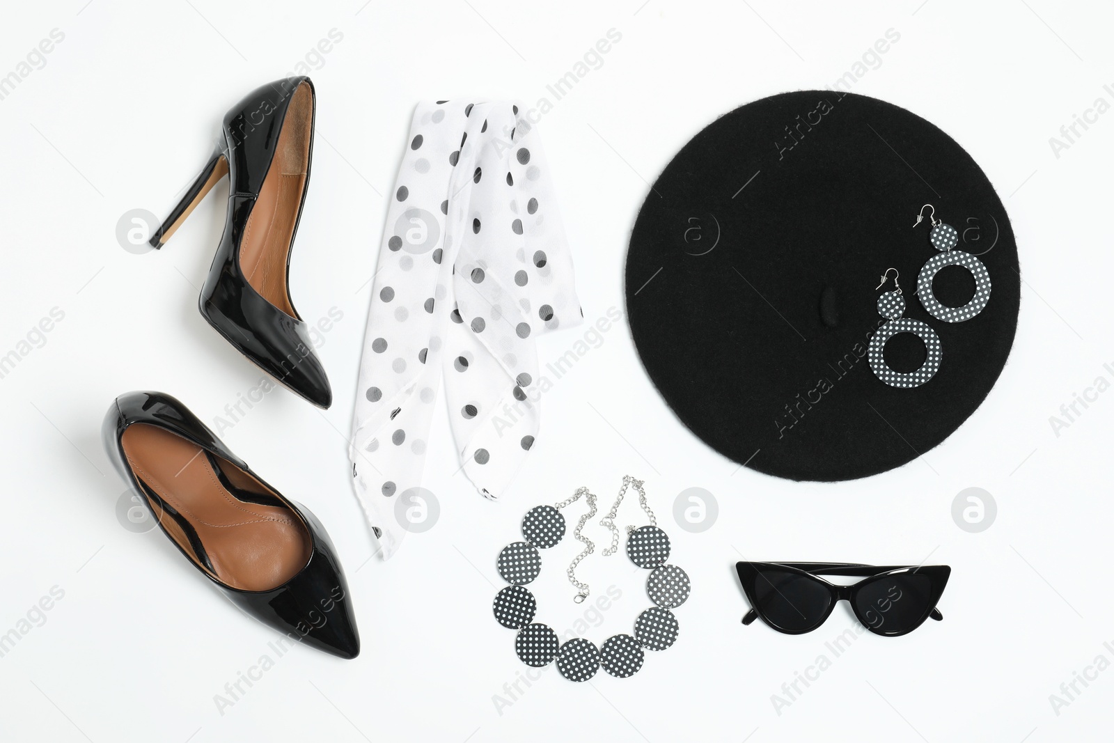 Photo of Stylish accessories on white background, flat lay