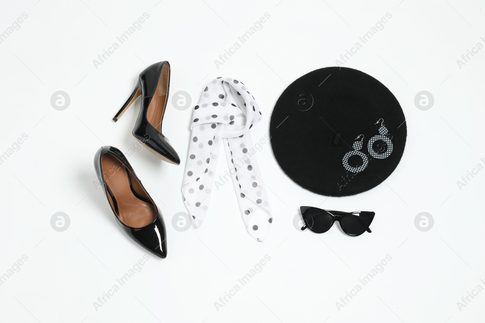 Photo of Stylish accessories on white background, flat lay