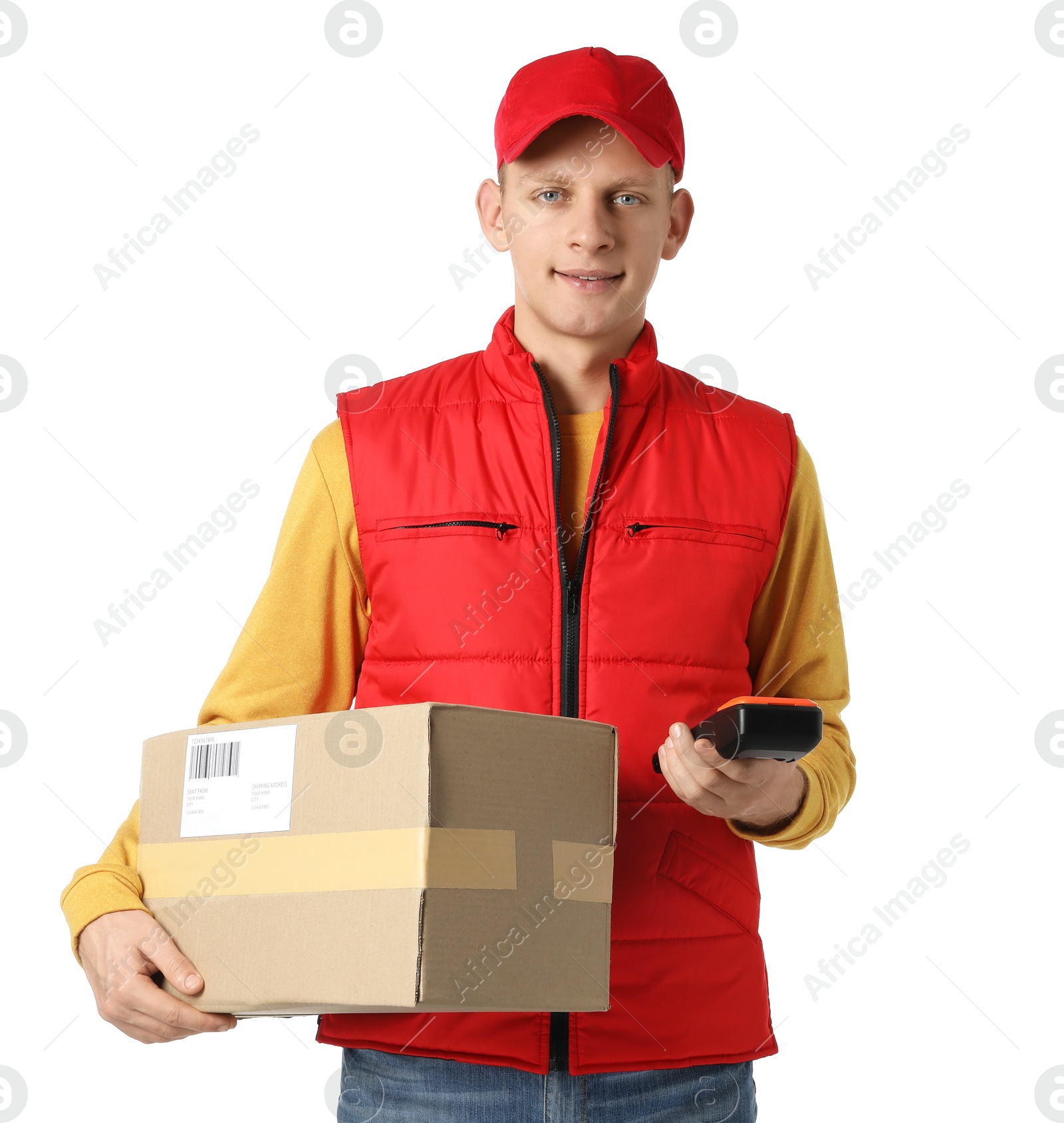 Photo of Happy courier with payment terminal and parcel on white background