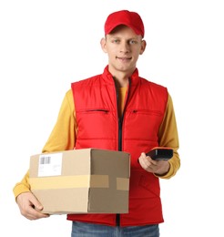 Photo of Happy courier with payment terminal and parcel on white background