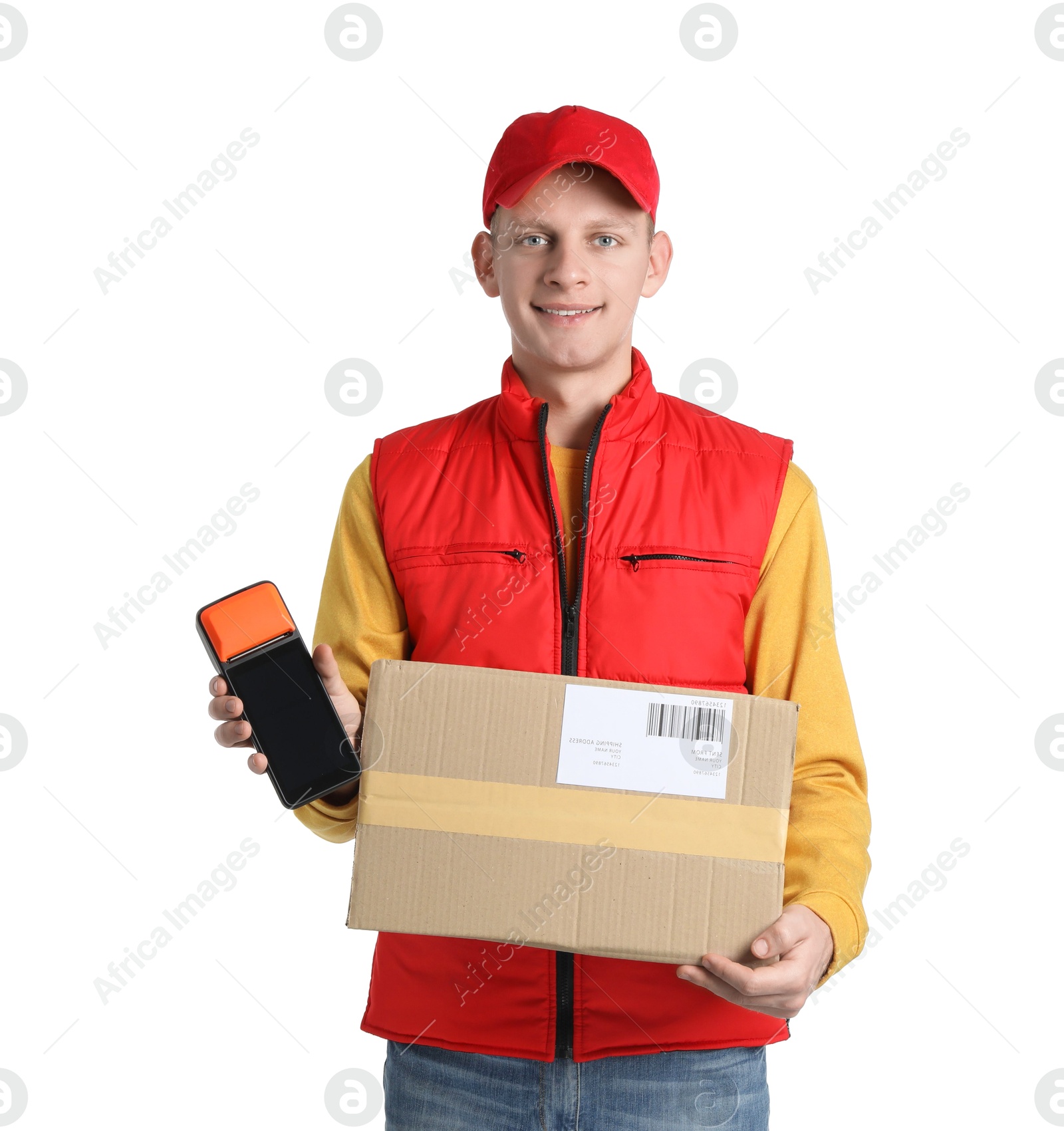 Photo of Happy courier with payment terminal and parcel on white background