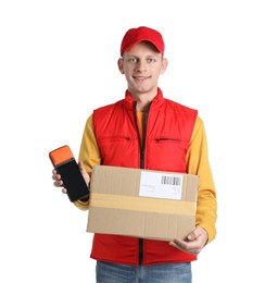 Photo of Happy courier with payment terminal and parcel on white background