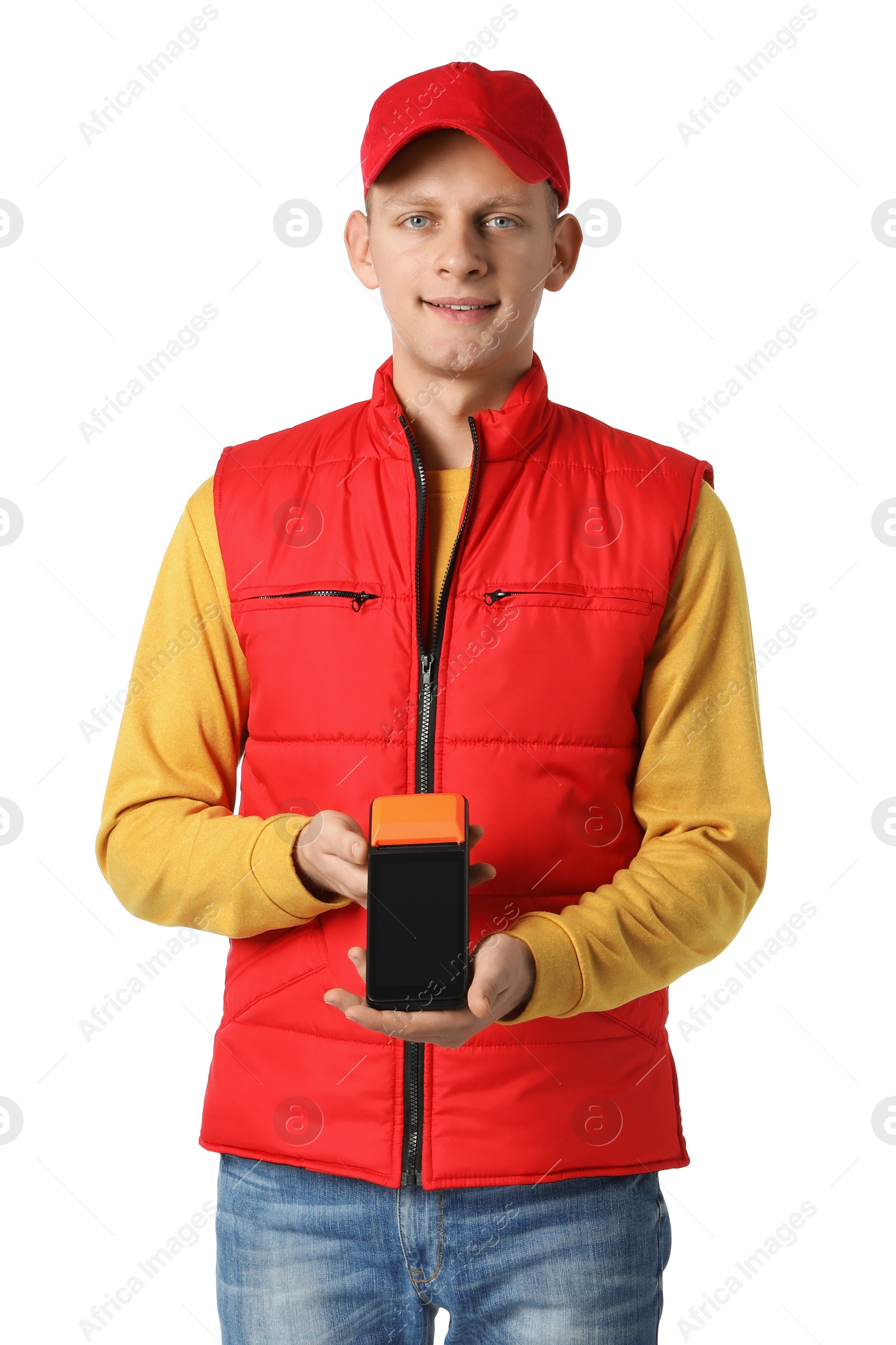 Photo of Happy courier with payment terminal on white background