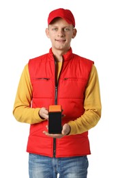 Happy courier with payment terminal on white background