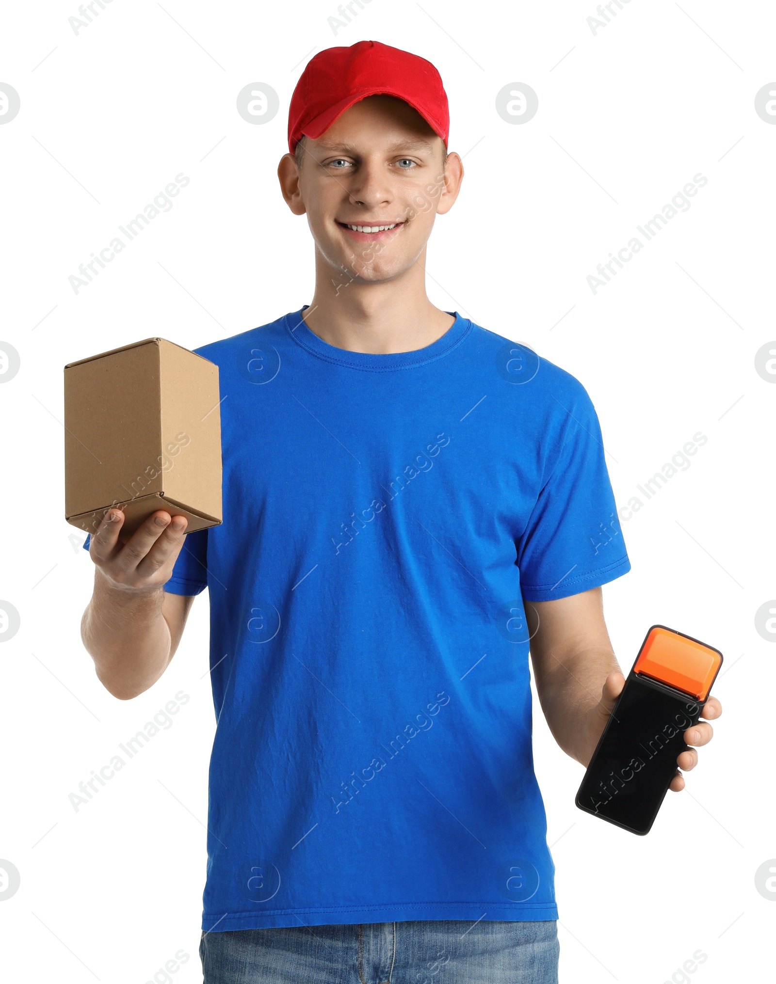 Photo of Happy courier with payment terminal and parcel on white background