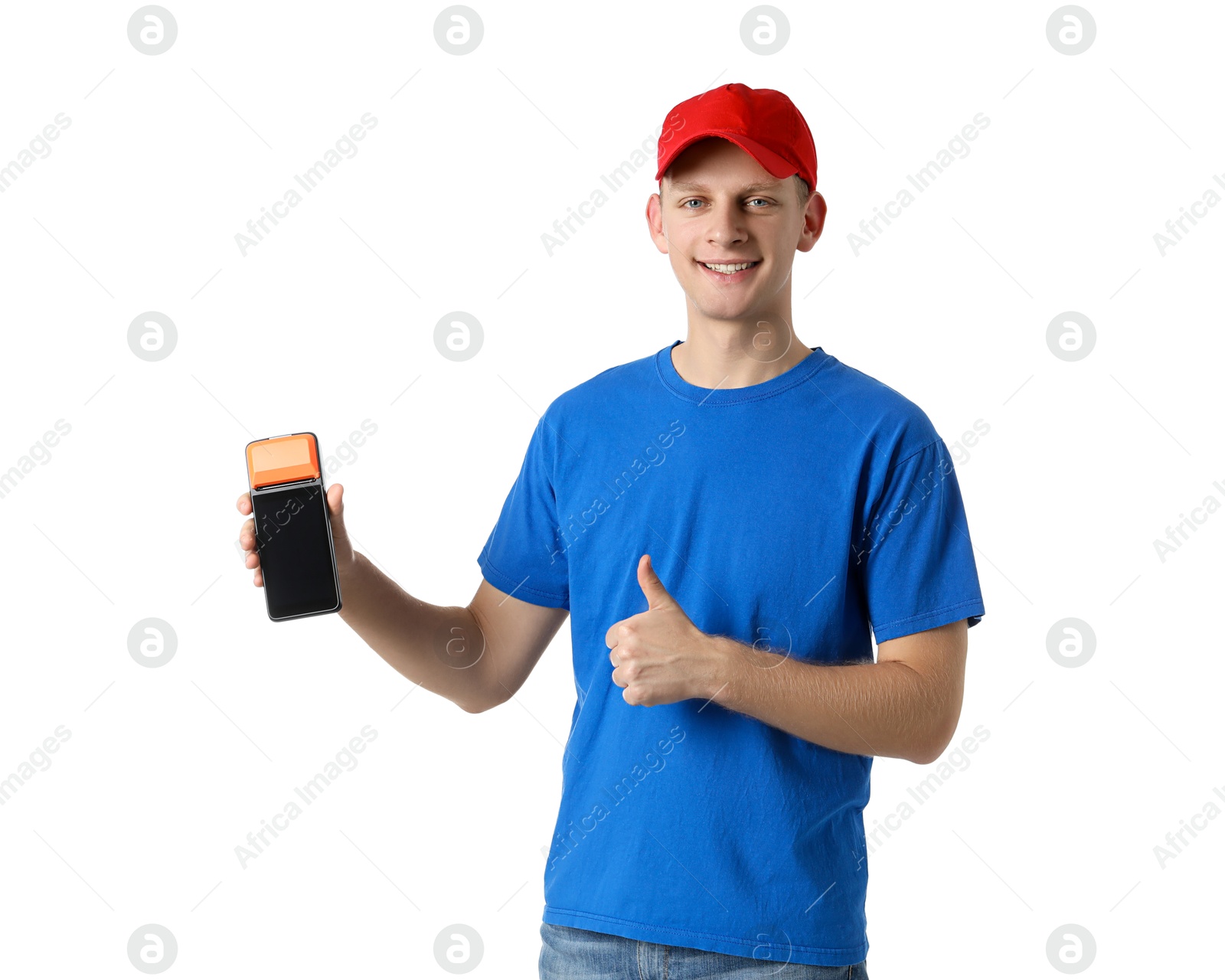 Photo of Happy courier with payment terminal showing thumbs up on white background