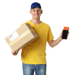 Photo of Happy courier with payment terminal and parcel on white background