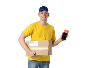 Photo of Happy courier with payment terminal and parcel on white background