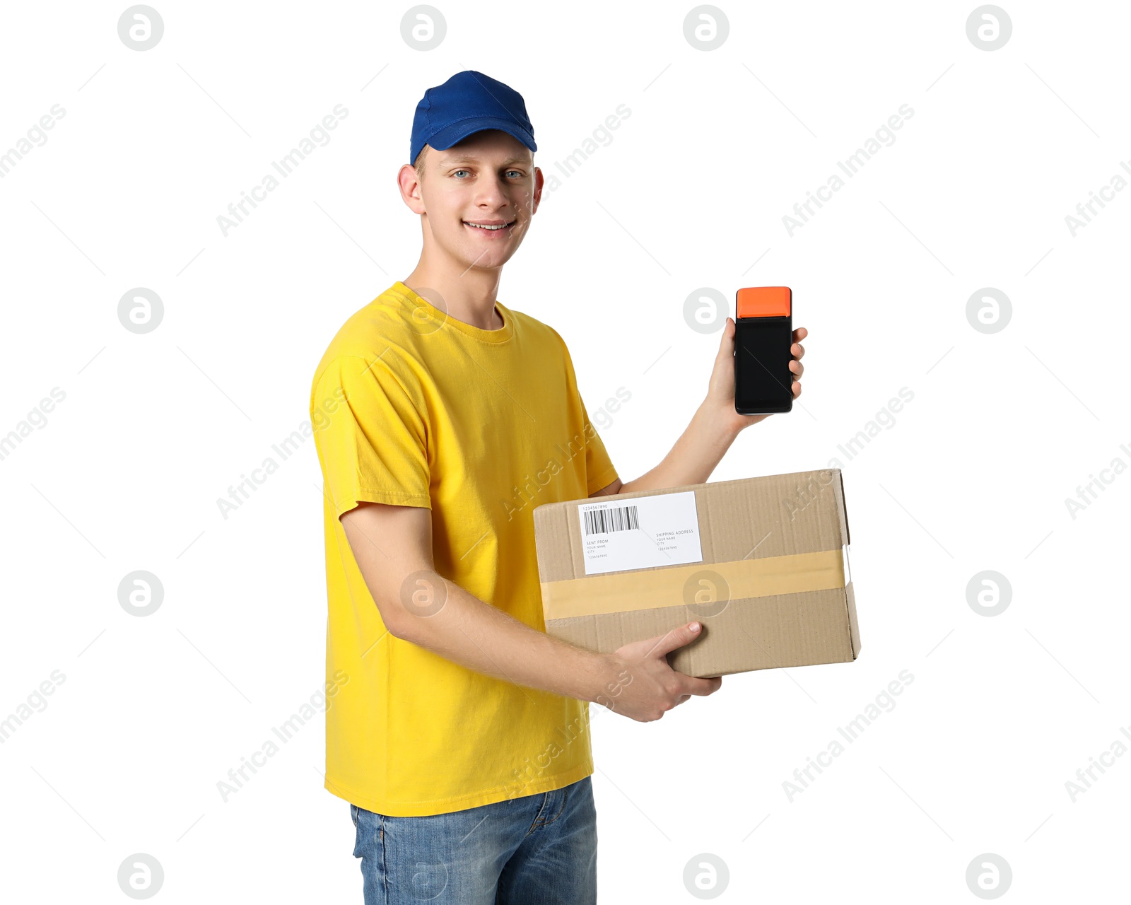 Photo of Happy courier with payment terminal and parcel on white background